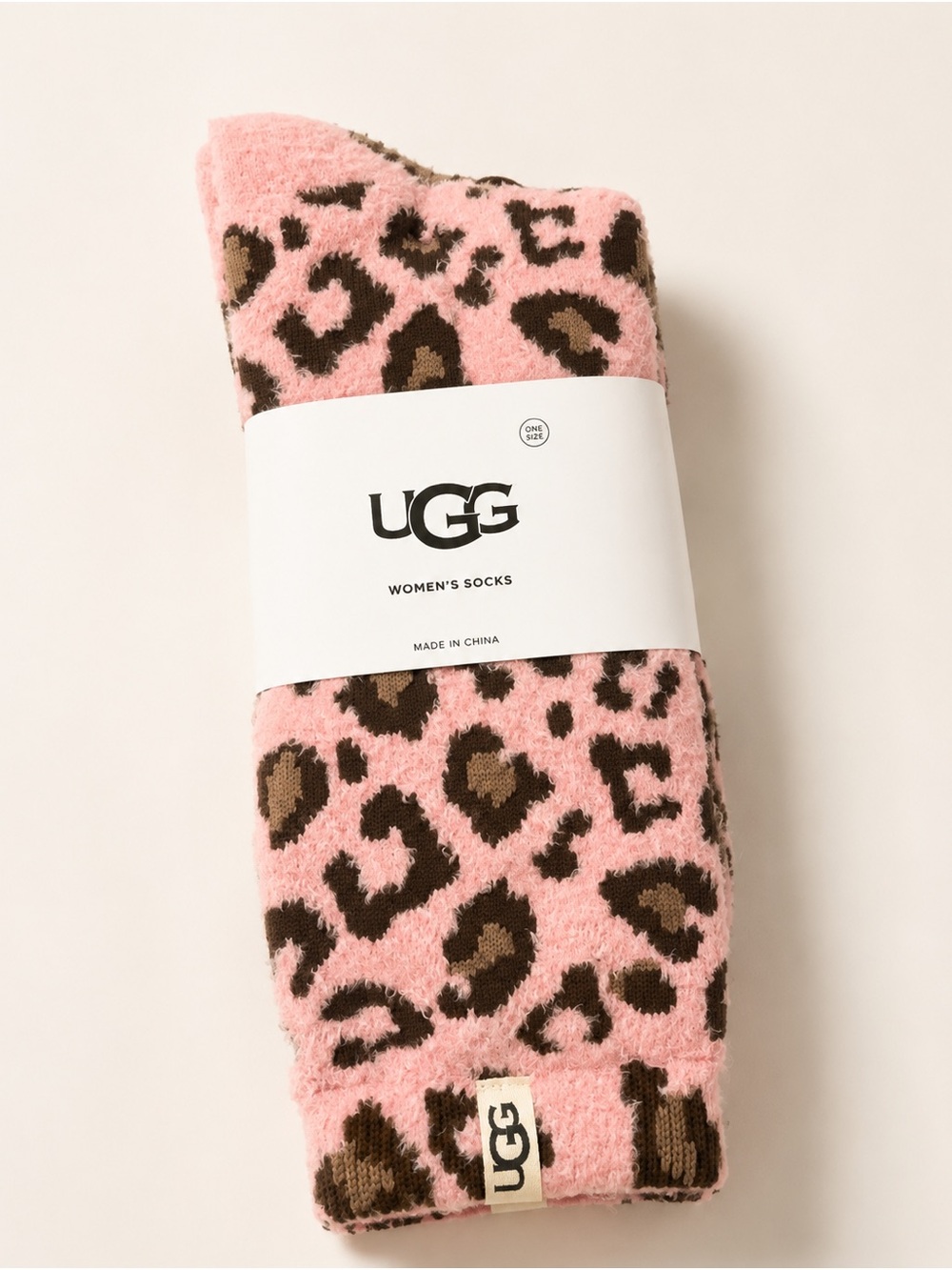 UGG Women’s Pink Leopard Cozy Socks One Size NWT Fuzzy Plush Lounge